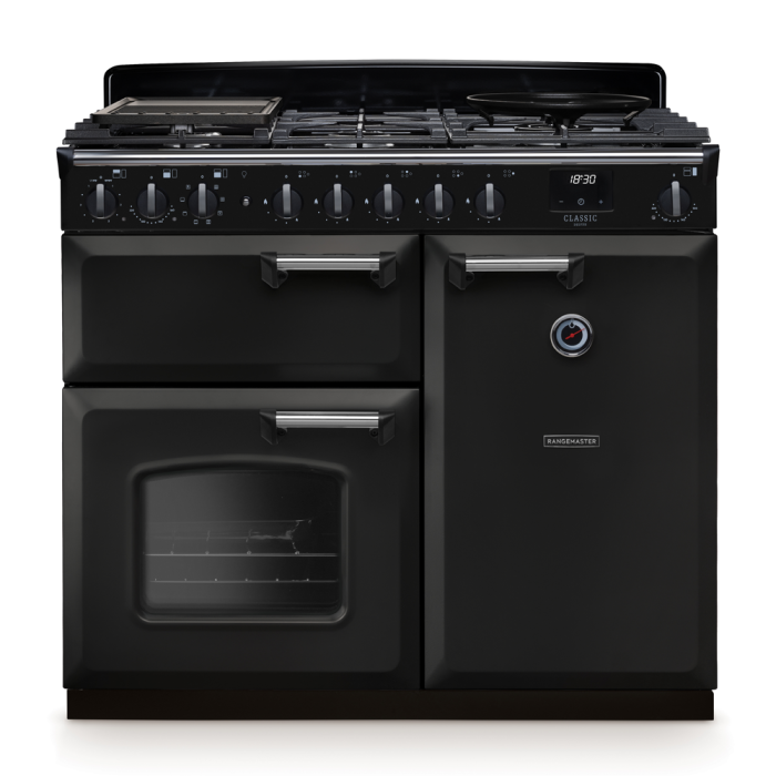 Rangemaster CLDL100DFP/CM Classic Deluxe 100 Dual Fuel Range Cooker With Chrome Trim 