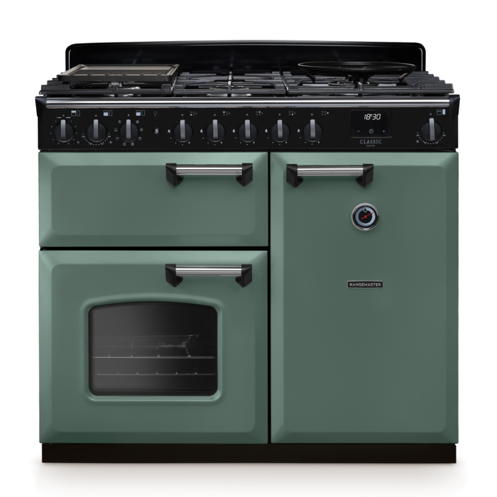 Rangemaster CLDL100DFP/CM Classic Deluxe 100 Dual Fuel Range Cooker With Chrome Trim 