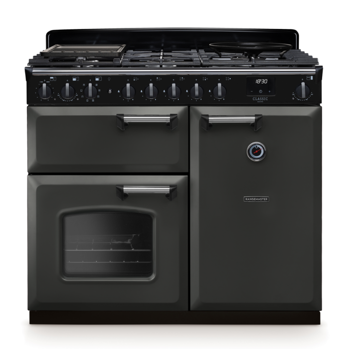Rangemaster CLDL100DFP/CM Classic Deluxe 100 Dual Fuel Range Cooker With Chrome Trim 