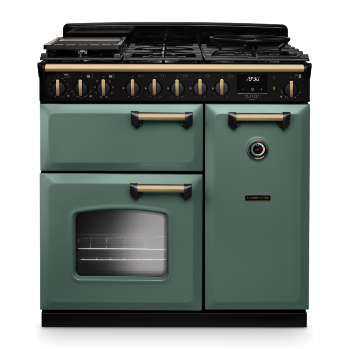 Rangemaster CLDL90DFP/AB Classic Deluxe 90 Dual Fuel Range Cooker with Antique Brass Trim