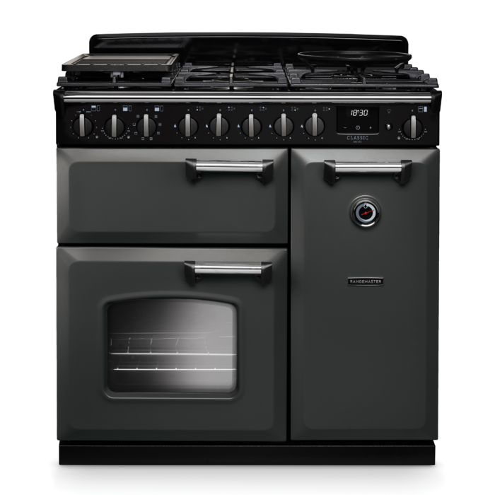 Rangemaster CLDL90DFP/CM Classic Deluxe 90 Dual Fuel Range Cooker with Chrome Trim