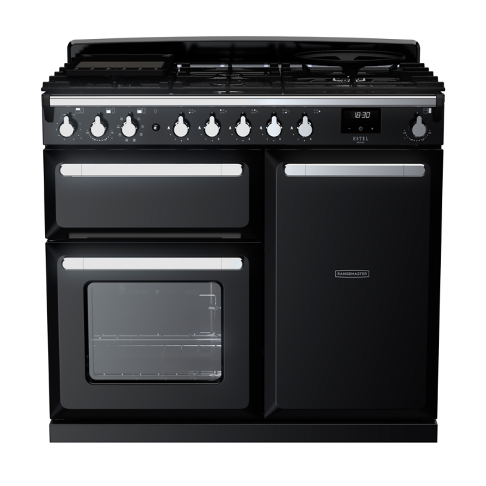 Rangemaster ESDL100DFP/CM Estel Deluxe 100 Dual Fuel Range Cooker with Chrome Trim