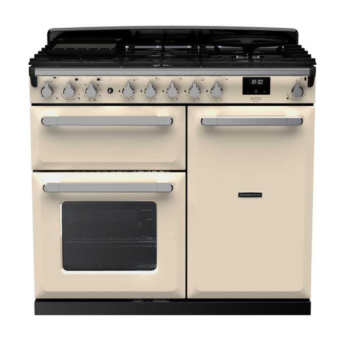 Rangemaster ESDL100DFP/CM Estel Deluxe 100 Dual Fuel Range Cooker with Chrome Trim
