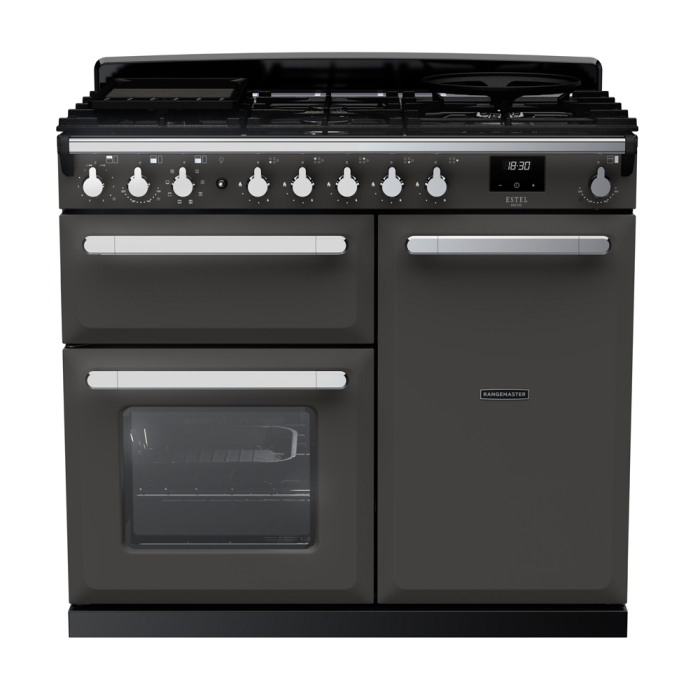 Rangemaster ESDL100DFP/CM Estel Deluxe 100 Dual Fuel Range Cooker with Chrome Trim