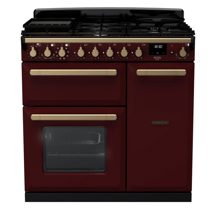 Rangemaster ESDL90DFP/AB Estel Deluxe 90 Dual Fuel Range Cooker with Antique Brass Trim