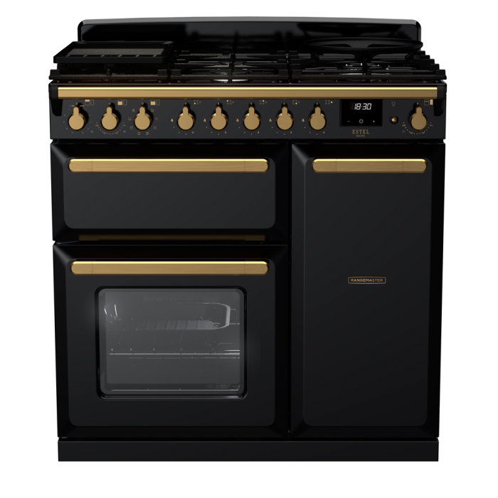 Rangemaster ESDL90DFP/AB Estel Deluxe 90 Dual Fuel Range Cooker with Antique Brass Trim