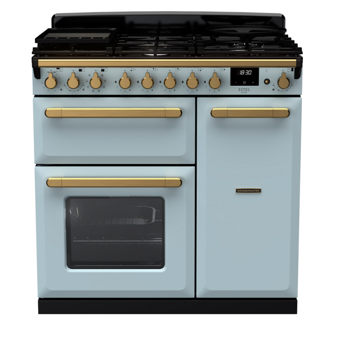 Rangemaster ESDL90DFP/AB Estel Deluxe 90 Dual Fuel Range Cooker with Antique Brass Trim