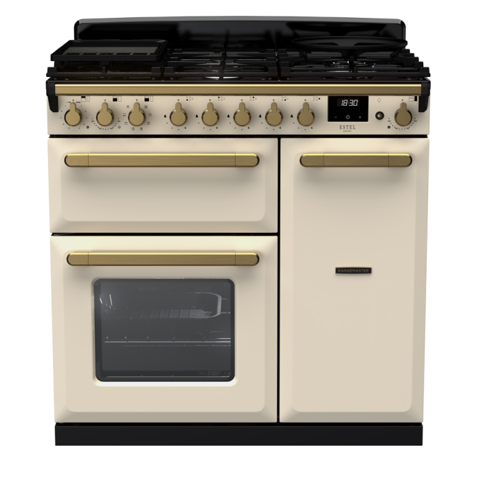 Rangemaster ESDL90DFP/AB Estel Deluxe 90 Dual Fuel Range Cooker with Antique Brass Trim