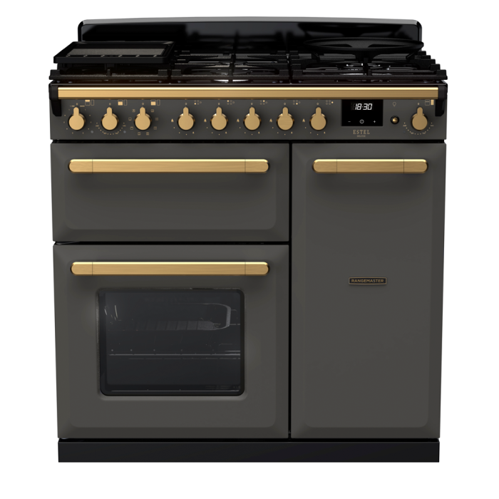 Rangemaster ESDL90DFP/AB Estel Deluxe 90 Dual Fuel Range Cooker with Antique Brass Trim