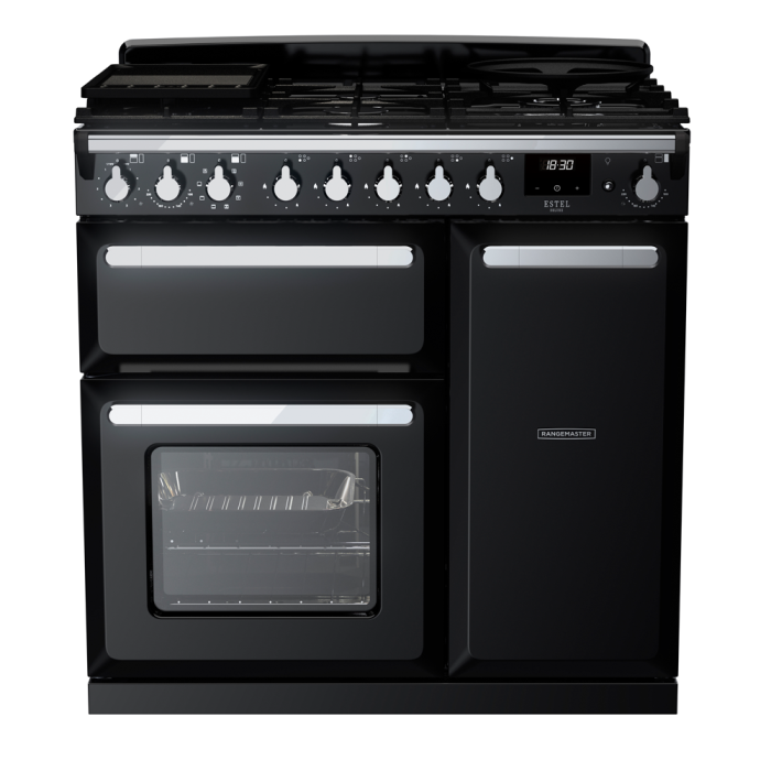 Rangemaster ESDL90DFP/CM Estel Deluxe 90 Dual Fuel Range Cooker with Chrome Trim