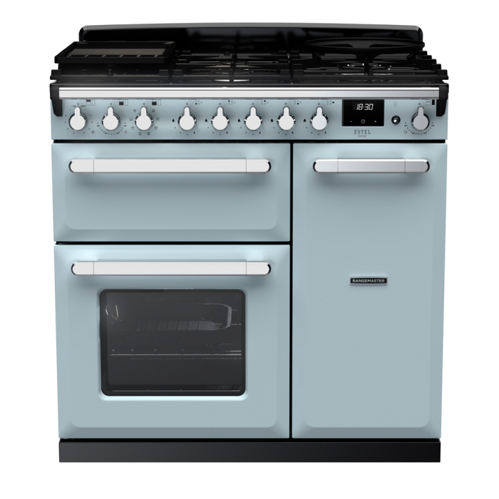Rangemaster ESDL90DFP/CM Estel Deluxe 90 Dual Fuel Range Cooker with Chrome Trim