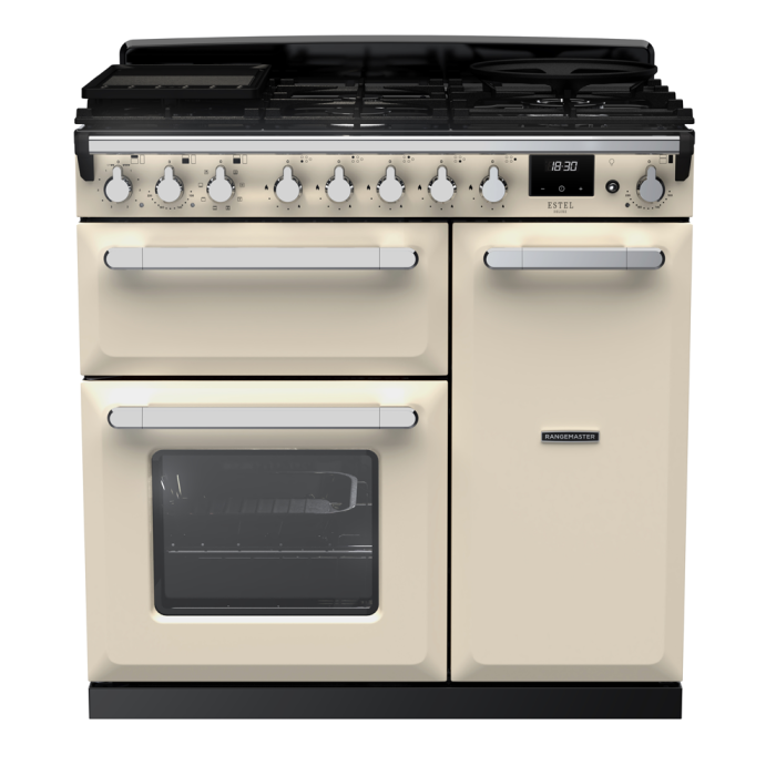Rangemaster ESDL90DFP/CM Estel Deluxe 90 Dual Fuel Range Cooker with Chrome Trim