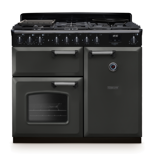 Rangemaster CLDL100DFP/CM Classic Deluxe 100 Dual Fuel Range Cooker With Chrome Trim 