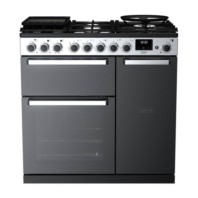 Rangemaster EDDL90DFGBLK/CM1 Edge Deluxe 90 Dual Fuel Range Cooker - Black Glass