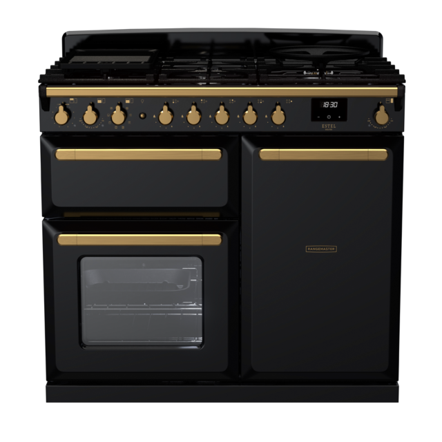 Rangemaster ESDL100DFP/AB Estel Deluxe 100 Dual Fuel Range Cooker with Antique Brass Trim