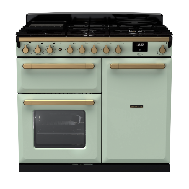 Rangemaster ESDL100DFP/AB Estel Deluxe 100 Dual Fuel Range Cooker with Antique Brass Trim