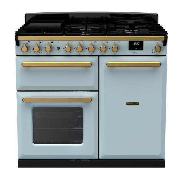 Rangemaster ESDL100DFP/AB Estel Deluxe 100 Dual Fuel Range Cooker with Antique Brass Trim
