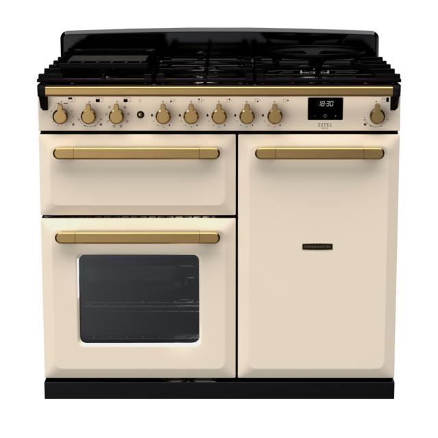 Rangemaster ESDL100DFP/AB Estel Deluxe 100 Dual Fuel Range Cooker with Antique Brass Trim