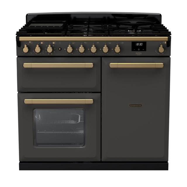 Rangemaster ESDL100DFP/AB Estel Deluxe 100 Dual Fuel Range Cooker with Antique Brass Trim